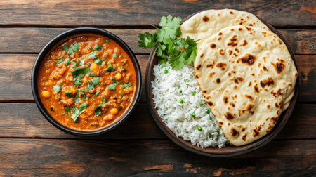 Top view of dal makhani with naan and rice on a wooden surface, copy space on the right.の素材