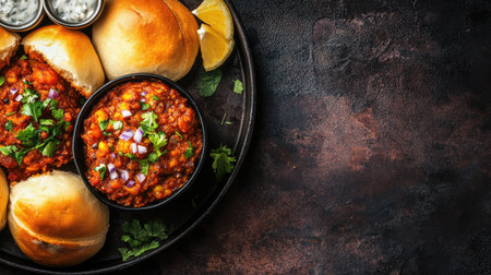 Top view of pav bhaji with buttered buns and lemon wedges, copy space in the bottom half.の素材