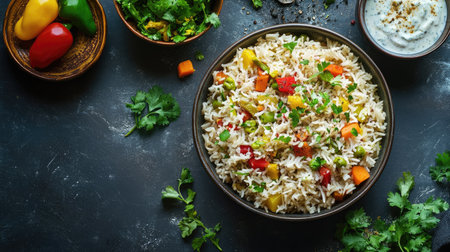 Flat lay of veg pulao with raita and salad, copy space on the right side.の素材