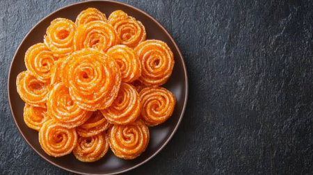 Flat lay of jalebi with rabri on a plate, ample copy space on the right side.の素材