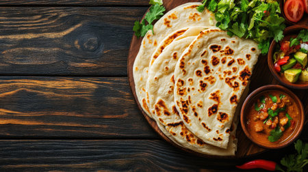 Top view of tandoori roti with curry and salad, ample copy space on the left side.の素材