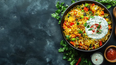 Flat lay of veg pulao with raita and salad, copy space on the right side.の素材