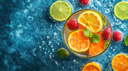 Top-down view of tropical fruit juice with water and floating slices. Copy space available on the top.の素材