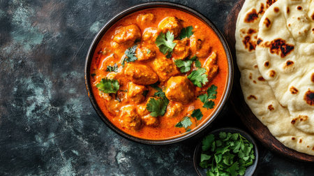 Top view of butter chicken in a bowl with naan bread on the side, copy space on the right side.の素材