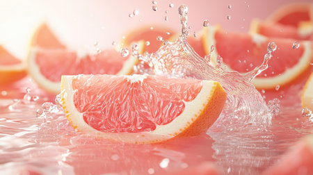Freshly squeezed grapefruit juice splashing in water, surrounded by slices. Clear copy space on the right.の素材