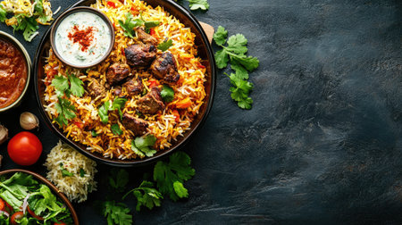 Top view of mutton biryani with raita and salad, ample copy space on the right side.の素材