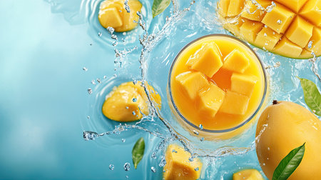 Mango juice splashing in water with fresh slices, top view. Clear copy space at the top right.の素材