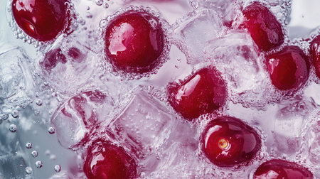 Top view of vibrant cherry juice mixing with water and ice cubes. Copy space available in the center.の素材