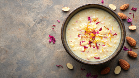 Top view of kheer with almonds and saffron, ample copy space on the right side.の素材