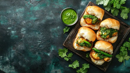 Flat lay of vada pav with green chili and chutney, copy space in the center for text.の素材