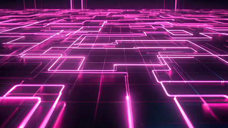 Abstract top view of a neon circuit grid with ample copy space on the right.の素材
