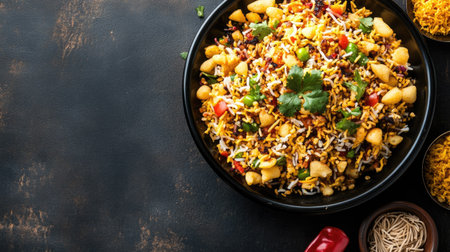 Top view of bhel puri with sev and papdi, copy space in the bottom half.の素材