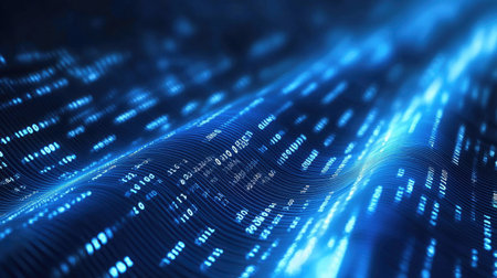 Abstract top view of a digital wave with binary code, copy space on the right side.の素材