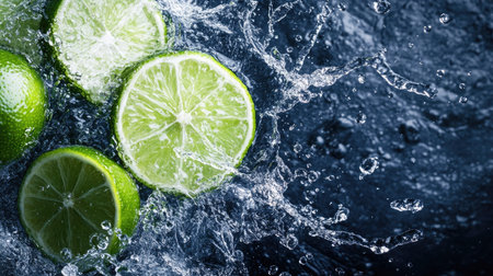 Freshly squeezed lime juice splashing into water, top view. Copy space on the left for your message.の素材