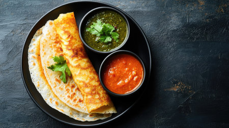 Top view of masala dosa with chutneys and sambar on a plate, ample copy space on the left.の素材