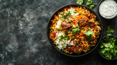 Top view of mutton biryani with raita and salad, ample copy space on the right side.の素材