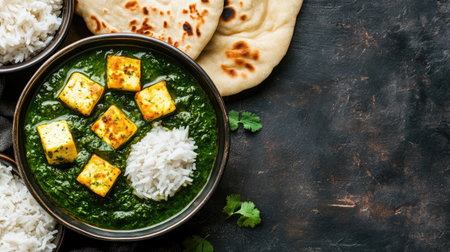 Top view of palak paneer with rice and naan, ample copy space on the right side.の素材