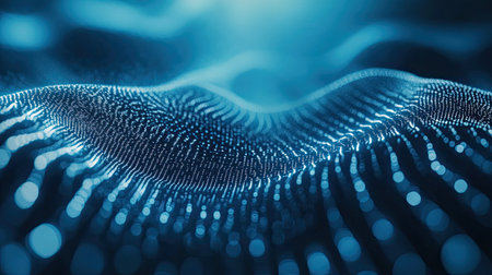 Abstract top view of a tech-inspired digital wave, with ample copy space in the center.の素材