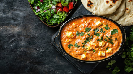 Top view of paneer butter masala with naan and salad, ample copy space on the left side.の素材
