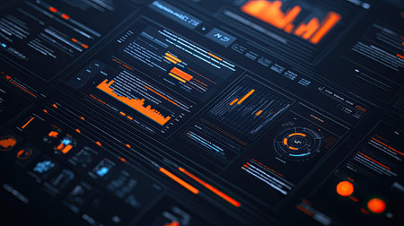 Abstract top view of a data visualization interface, with ample copy space on the right.の素材