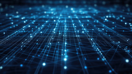Abstract top view of a digital network grid, with ample copy space on the left.の素材