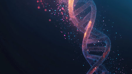 Abstract top view of a digital DNA strand with ample copy space on the left side.の素材