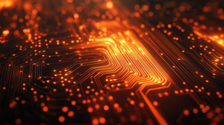 Abstract top view of a glowing circuit with ample copy space on the left side.の素材