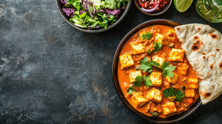 Top view of paneer butter masala with naan and salad, ample copy space on the left side.の素材