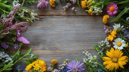 Freshly picked wildflowers arranged in a circle on a rustic background. Ample copy space in the center.の素材