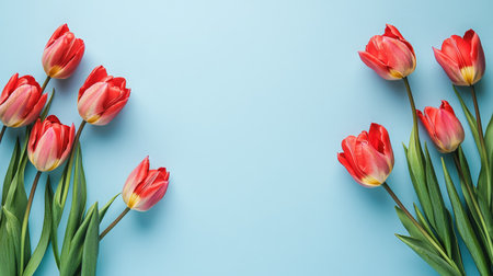 Fresh spring tulips arranged on a light blue background, with ample copy space on the right.の素材