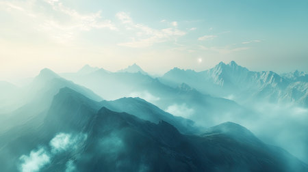 High-angle shot of a mountain range with morning mist, leaving room for a message in the skyの素材