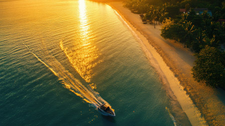 Aerial view of a tropical beach with a boat in the foreground, golden sunset light reflecting on calm watersの素材