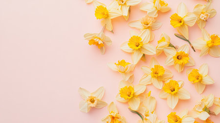Freshly picked daffodils scattered on a light pink background, viewed from above. Copy space on the top.の素材