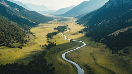 Scenic aerial view of a mountain landscape with a river winding through the valley, space for copy in the upper portionの素材
