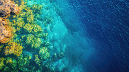 Top view of a crystal-clear sea with colorful coral reefs visible below, surrounded by deep blue water. Copy space on the side.の素材