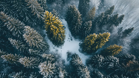 Top view of a snowy mountain peak surrounded by evergreen trees, with open sky for textの素材