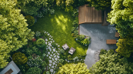 Aerial view of a landscape design plan featuring a house, garden paths, trees, and outdoor seating areas, with space for text overlay.の素材