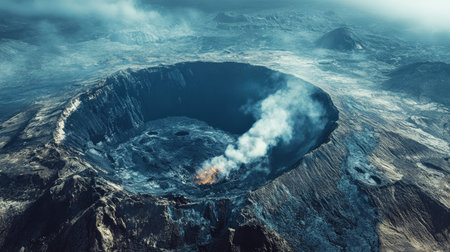Aerial view of a smoking volcano crater with surrounding rugged terrain, with ample empty sky for text placement.の素材