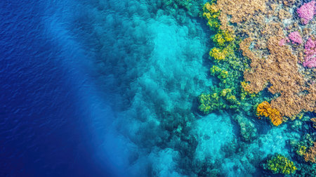 Top view of a crystal-clear sea with colorful coral reefs visible below, surrounded by deep blue water. Copy space on the side.の素材