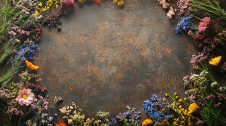 Freshly picked wildflowers arranged in a circle on a rustic background. Ample copy space in the center.の素材