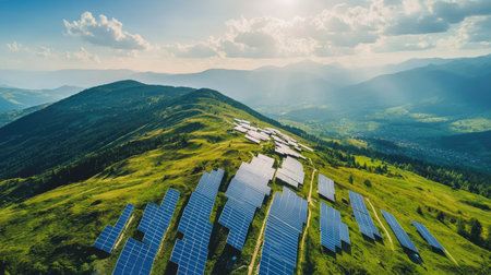 Aerial perspective of solar panels on a mountain slope, with surrounding landscape and sky for copy space.の素材