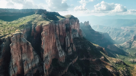 Overhead view of a mountain ridge with dramatic cliffs, with ample sky space for a messageの素材