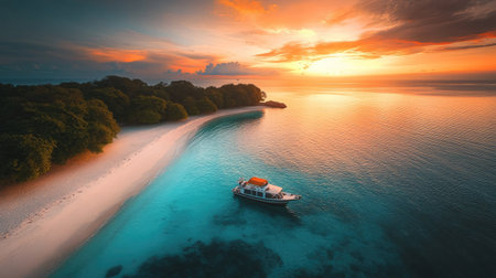 Boat anchored near a white sandy beach on a tropical coast, seen from above during a stunning sunsetの素材