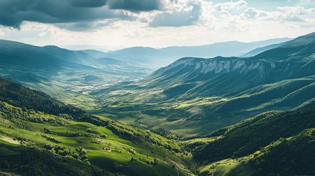 Bird's-eye view of a mountain valley in spring, with open sky for text or logosの素材