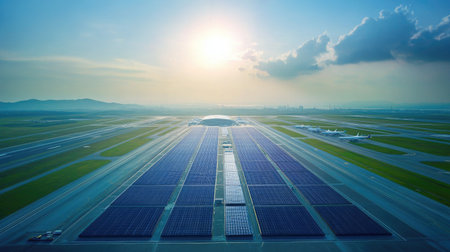 Aerial view of solar panels on an airport roof, with runways and open sky for text placement.の素材