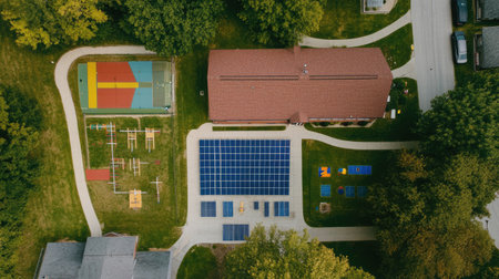 Bird's eye view of solar panels on a rural school, with playground and surrounding landscape for text.の素材