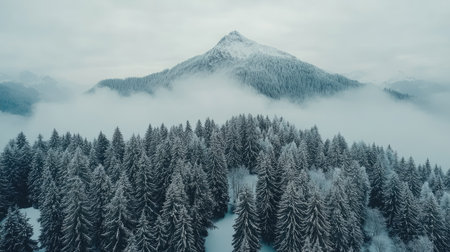 Top view of a snowy mountain peak surrounded by evergreen trees, with open sky for textの素材