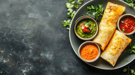Top view of masala dosa with chutneys and sambar on a plate, ample copy space on the left.の素材