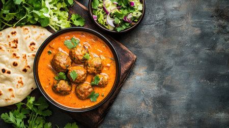 Top view of malai kofta with naan and salad, ample copy space on the right.の素材