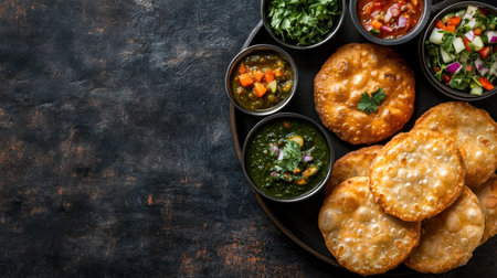 Flat lay of kachori with chutney and salad, copy space on the left side.の素材